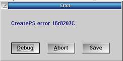 Machine generated alternative text:CreatePS error 16r8207C Debug 